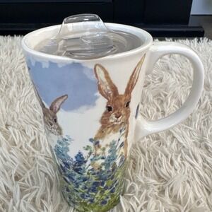 Cypress Home Ceramic Travel Mug with Lid Bunny Blue Flowers Easter NWOT